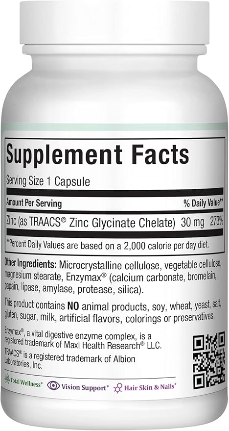 Zinc 30 - Zinc Vitamin with Enzymax for Enhanced Absorption - Highest Potency Immune Support - Glycinate Chelated Zinc Supplements for Adults - Zink Vitaminas - Kosher Made in USA - 100 Count Capsules