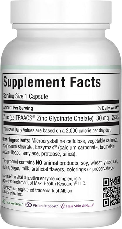 Zinc 30 - Zinc Vitamin with Enzymax for Enhanced Absorption - Highest Potency Immune Support - Glycinate Chelated Zinc Supplements for Adults - Zink Vitaminas - Kosher Made in USA - 100 Count Capsules