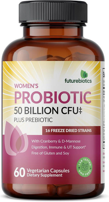Futurebiotics Women's Probiotic 50 Billion CFU + Prebiotic with Cranberry & D-Mannose – Digestion Immune and Urinary Tract Support, Non-GMO, 60 Vegetarian Capsules