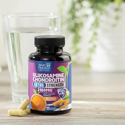Glucosamine Chondroitin MSM Complex - 2100mg Joint Support Supplement with Turmeric & Boswellia - Quercetin for Joints, Bones, Knees & Mobility - Triple Strength Glucosamine Sulfate - 60 Capsules