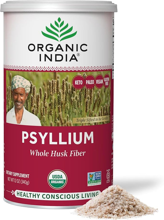 ORGANIC INDIA Whole Psyllium Husk Powder Organic - Psyllium Husk Fiber Supplement, Digestion Support, Vegan, Gluten-Free, Non-GMO, Soluble & Insoluble Fiber Source - 12 oz (Pack of 1)
