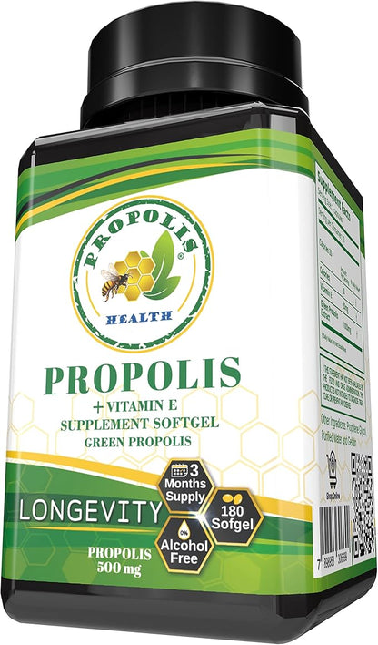 Propolis Health Propolis Capsules 1000mg-Daily with Vitamin E Per 2 Capsules - Brazilian Green Propolis Extract - Immune Booster 50 Days Supply Propolis Capsules (180 Capsules)