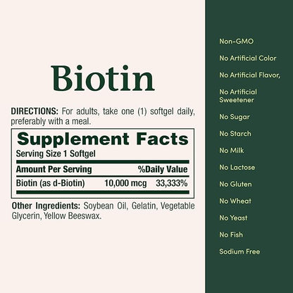 Nature's Bounty Biotin Hair Skin and Nails Vitamins, Supports Healthy Hair, Skin and Nails, 10,000 mcg, 120 Softgels (Pack of 1)