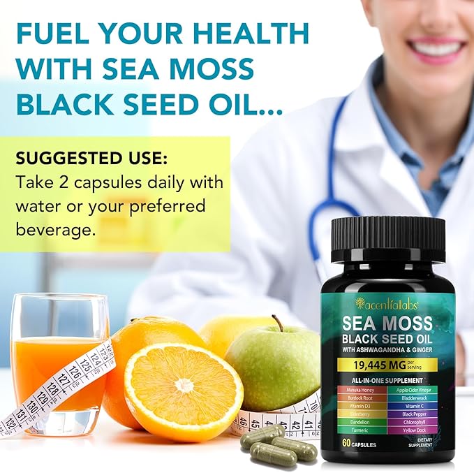 Sea Moss Black Seed Oil Ashwagandha Ginger, Sea Moss Capsule Supplement with Turmeric Burdock Root Bladderwrack Vitamin C Vitamin D3 Enhanced Immunity & Energy Sea Moss Black Seed Oil Capsule 60 Count