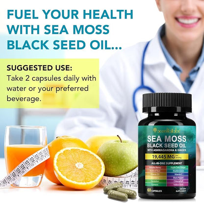 Sea Moss Black Seed Oil Ashwagandha Ginger, Sea Moss Capsule Supplement with Turmeric Burdock Root Bladderwrack Vitamin C Vitamin D3 Enhanced Immunity & Energy Sea Moss Black Seed Oil Capsule 60 Count