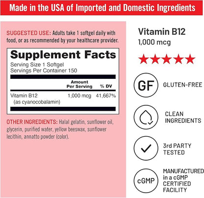 NatureWise Vitamin B12 1000 mcg - Dietary Supplement for Supporting Energy Metabolism, Mental Clarity, Nervous System Health - Easy-to-Swallow, Soy & Gluten-Free, Non-GMO - 150 Count[150-Day Supply]