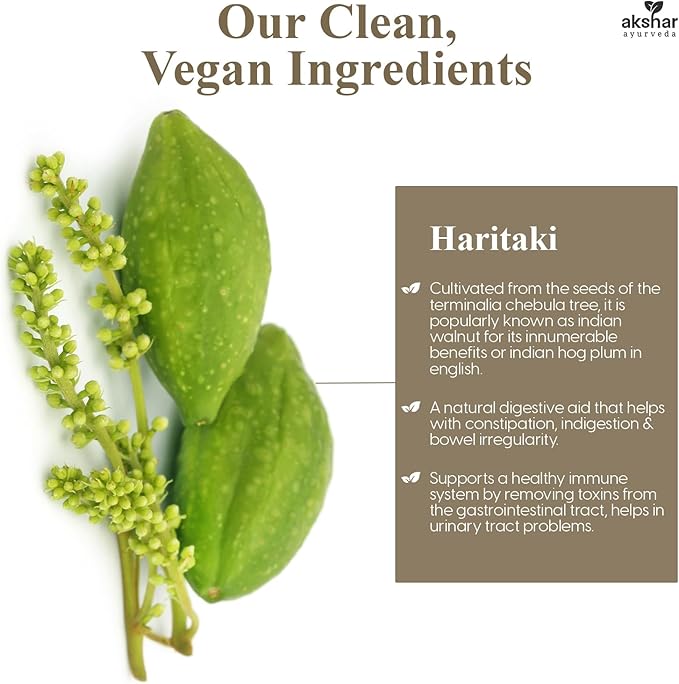 AKSHAR Ayurveda - Haritaki Lax Aid Capsules for Natural Constipation Relief & Indigestion Support - Plant Based Digestive Aid for Regularity & Gentle Rejuvenation - Vegan Cruelty Free (60 Count)