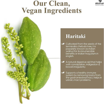 AKSHAR Ayurveda - Haritaki Lax Aid Capsules for Natural Constipation Relief & Indigestion Support - Plant Based Digestive Aid for Regularity & Gentle Rejuvenation - Vegan Cruelty Free (60 Count)