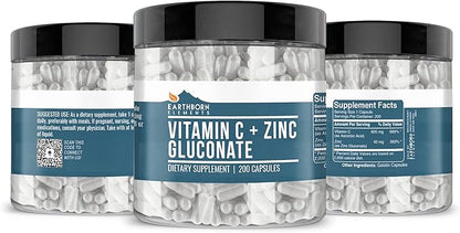 Earthborn Elements Vitamin C Plus Zinc Gluconate Supplement, (200 Capsules) Blended Health Support, Non-GMO, Gluten Free,