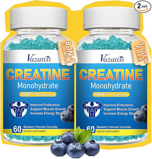 2 Pack Creatine Monohydrate Gummies for Women & Men, Sugar Free Vegan Creatine Supplement for Build Muscles, Increase Energy & Strength, Blueberry Flavor, 120 Count