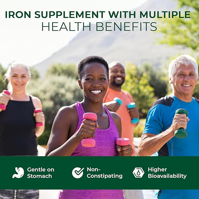 Gentle Iron Supplement for Adults I Iron bisglycinate with Vitamin C, B12, Folic Acid I Supports Red Blood Cell Formation & boosts Immunity - 90 Vegeterian Capsules, Gluten Free
