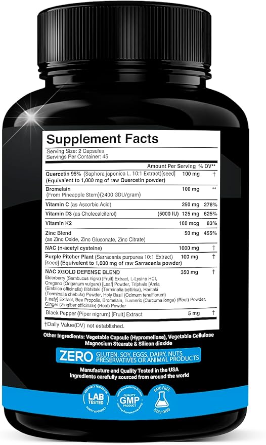X Gold Health Quercetin Complex | XGold Defense Blend: Immune Support with 10:1 Quercetin Extract, Bromelain, NAC, Zinc, Vitamin C, K2 + D3, Elderberry, Turmeric, Ginger, and More