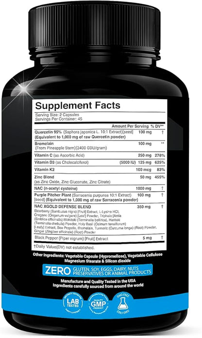 X Gold Health Quercetin Complex | XGold Defense Blend: Immune Support with 10:1 Quercetin Extract, Bromelain, NAC, Zinc, Vitamin C, K2 + D3, Elderberry, Turmeric, Ginger, and More