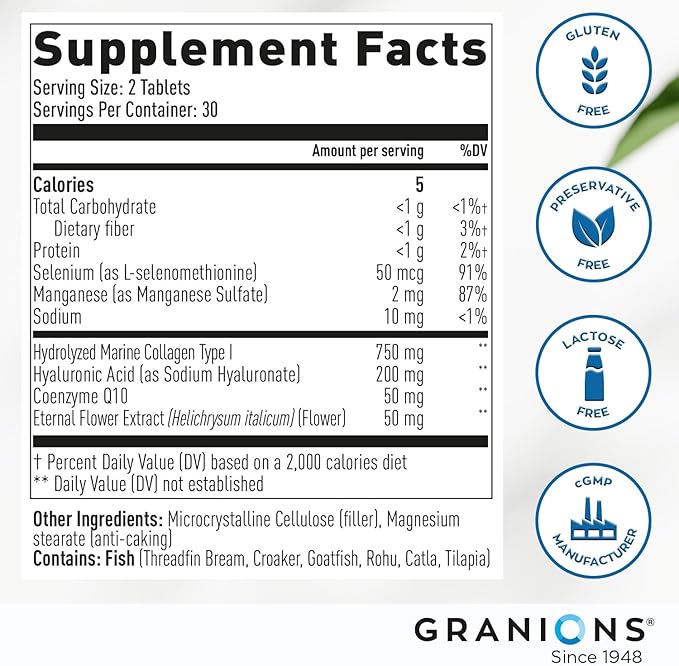 Marine Collagen Pills Complex – 750mg Hydrolyzed Marine Collagen Peptides, 200mg Hyaluronic Acid Supplement, Coenzyme Q10 CoQ10, Eternal Flower Hydration, Age Defense Supplements - 60 Sealed Tablets