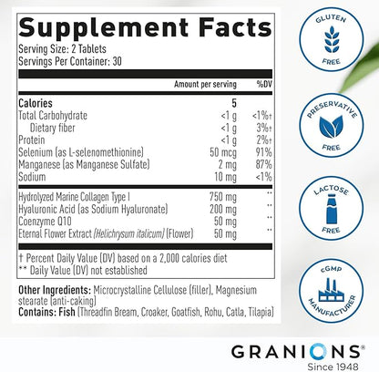 Marine Collagen Pills Complex – 750mg Hydrolyzed Marine Collagen Peptides, 200mg Hyaluronic Acid Supplement, Coenzyme Q10 CoQ10, Eternal Flower Hydration, Age Defense Supplements - 60 Sealed Tablets