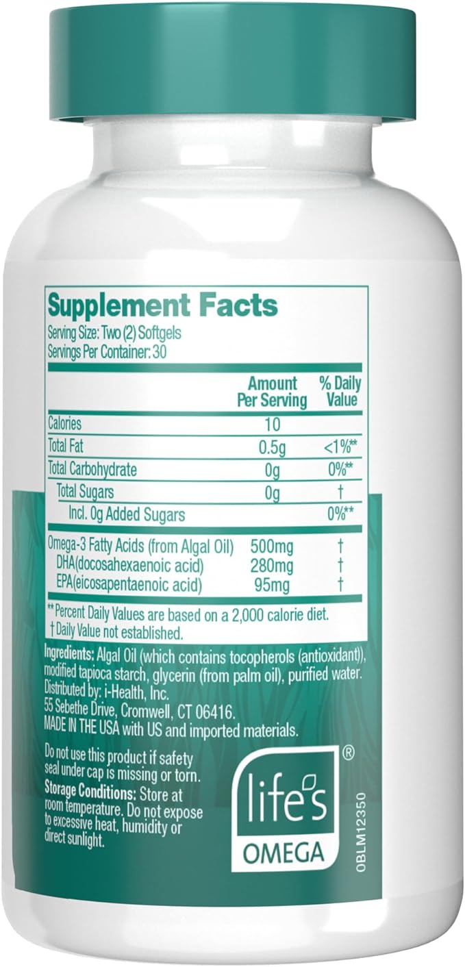 OVEGA-3 Plant-Based Omega-3 from Algal Oil Daily Supplement, 500mg, Supports Brain, Eye & Heart Health, Two Mini softgels per Day, 60 Count (Pack of 2)