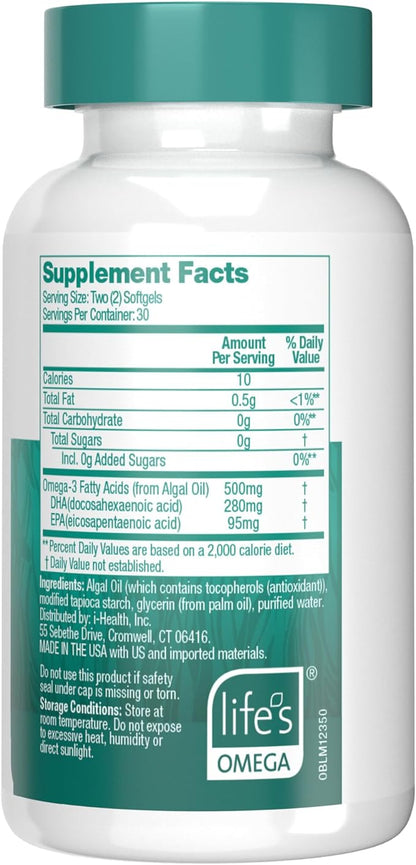 OVEGA-3 Plant-Based Omega-3 from Algal Oil Daily Supplement, 500mg, Supports Brain, Eye & Heart Health, Two Mini softgels per Day, 60 Count (Pack of 2)