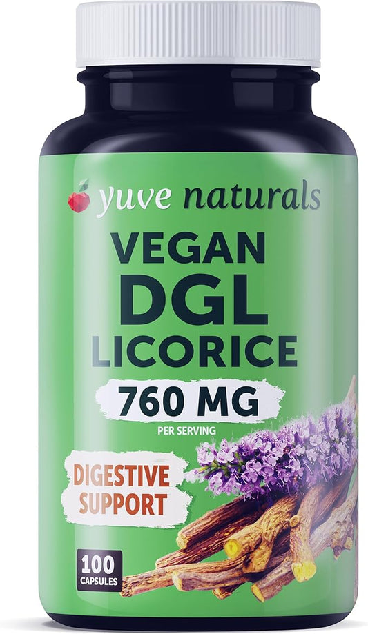 Yuve Vegan DGL Licorice 760mg - Ultra Pure Deglycyrrhizinated Licorice Root Capsules Supplement - Support Stomach, Gut & Intestinal Relief - Natural Acid Reflux Formula - Non-GMO & Gluten Free - 100ct