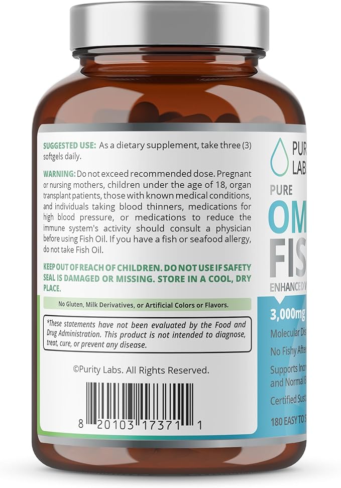 Purity Labs Omega 3 Fish Oil 3000mg – DHA & EPA Omega 3 Fatty Acid Supplements to Support Heart and Brain Health - Immune Support Supplement - 180 Softgels (60 Servings)