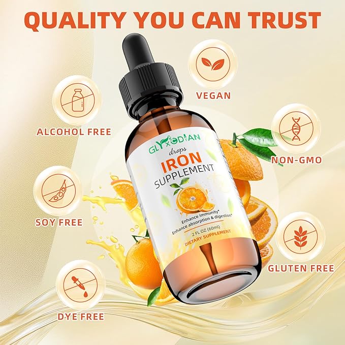Iron Liquid Drops for Women & Men - 18mg High Absorption Liquid Iron Supplement for Anemia, Red Blood Cell, Energy Support & Immune Health, Vegan, Non-GMO, Natural Orange Flavor (2 Fl Oz)