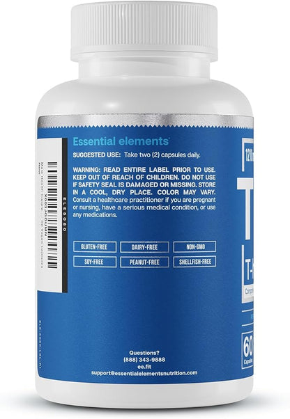 Essential Elements Male Health Supplement - Muscle Support & T-Health with DIM, Ashwagandha, Shilajit, More | T-Hero 60 Vegan Capsules (3-Pack)