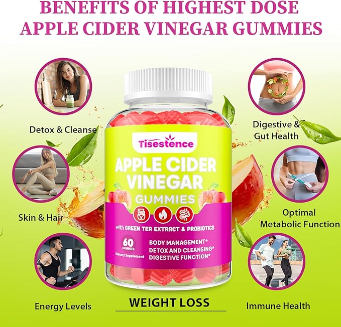 Apple Cider Vinegar Gummies, Keto ACV Gummies for Women and Men, Apple Cider Vinegar Supplement with Green Tea Extract, Probiotic for Detox Cleanse, Metabolism, Energy & Digestive Health, 120 Counts