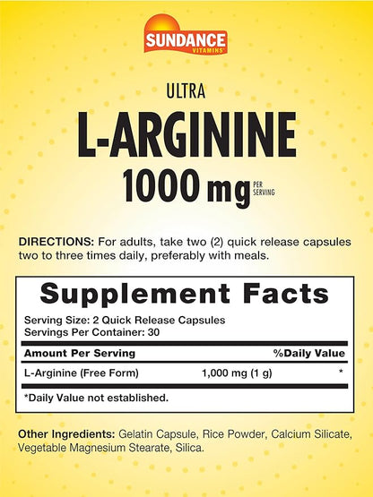 Sundance L-Arginine 1000mg Capsules | 60 Count | Free Form Amino Acid Supplement | Non-GMO and Gluten Free Supplement