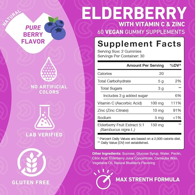 Elderberry Gummies with Sambucus, Vitamin C, and Zinc – Your Perfect Daily 3-in-1 Supplement for Kids & Adults – Gluten Free, Non-GMO, Vegan, 60 Count (Pack of 2)