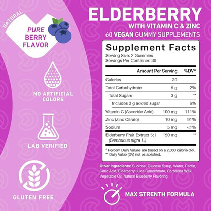 Elderberry Gummies with Sambucus, Vitamin C, and Zinc – Your Perfect Daily 3-in-1 Supplement for Kids & Adults – Gluten Free, Non-GMO, Vegan, 60 Count (Pack of 2)