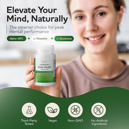 Advanced Brain Health Supplement with Alpha GPC, L-Theanine, L-Glutamine for Memory and Focus - 90 Capsules