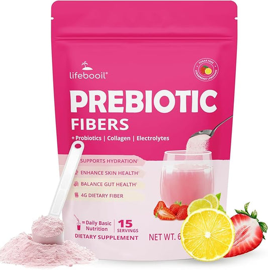 Fiber Supplement Powder with Probiotics & Collagen – Supports Digestive Regularity, Gut Balance & Debloating | Soluble Fiber Powder, Vegan Diets, Strawberry Lemon Flavor, 15 Servings