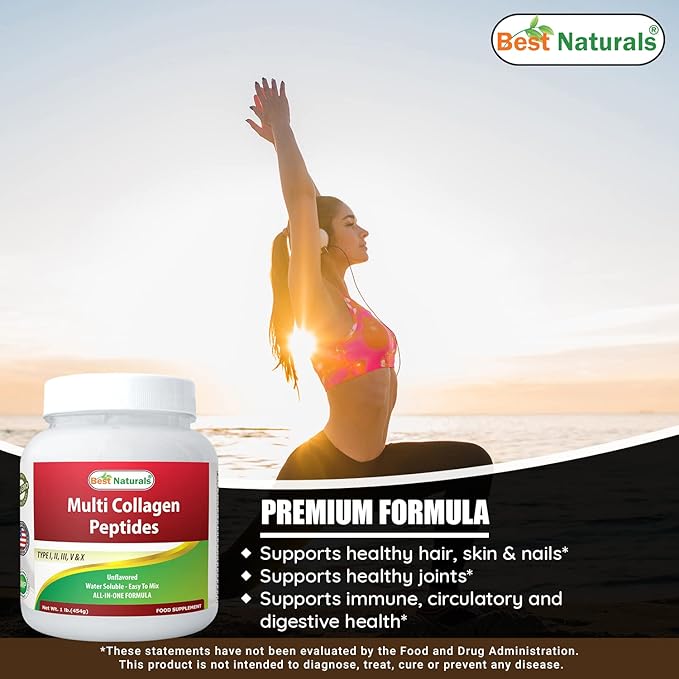 Best Naturals Multiple Collagen Peptides Protein Type I, II III, V & X Collagen unflavored 1 Pound - Grass Fed & Pasture Raised - Water Soluble - Easy to Mix