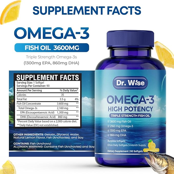 Dr. Wise Omega-3 Fish Oil 3600mg - One Per Day - Triple Strength EPA 1300mg & DHA 860mg - Burpless Lemon Flavor - Heart, Brain & Joint Support - High Potency Supplement - 90 Softgels - Made in USA.
