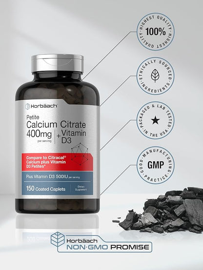 Horbäach Calcium Citrate with Vitamin D3 | 150 Petite Coated Caplets | Supplement for Men and Women | Vegetarian, Non-GMO & Gluten Free