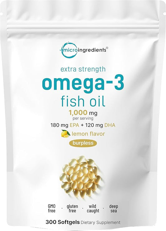 Micro Ingredients Extra Strength Omega 3 Fish Oil Supplements 1,000mg Per Serving, 300 Softgels | Lemon Flavored | Burpless | EPA 180mg + DHA 120mg | Deep Sea Fish