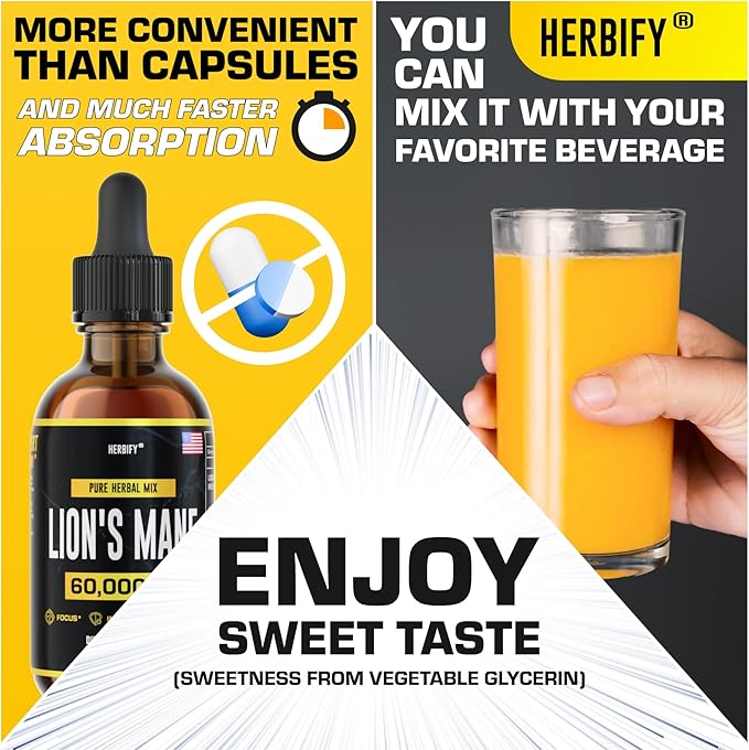 HERBIFY Lions Mane - Lions Mane Mushroom Supplement- Lions Mane Tincture - Lions Mane Immune Support - Lions Mane Tincture for Memory, Focus & Clarity - Daily Mushroom Supplement 2 Fl oz