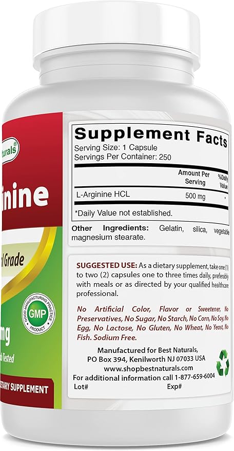 Best Naturals L-Arginine 500mg 250 Capsules (250 Count (Pack of 3))