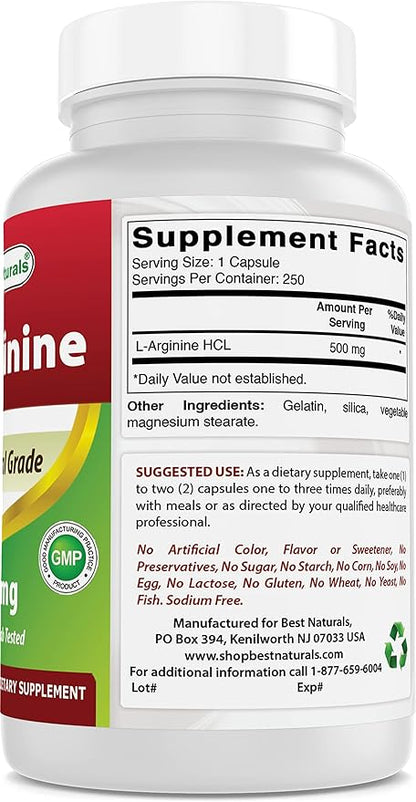 Best Naturals L-Arginine 500mg 250 Capsules (250 Count (Pack of 3))
