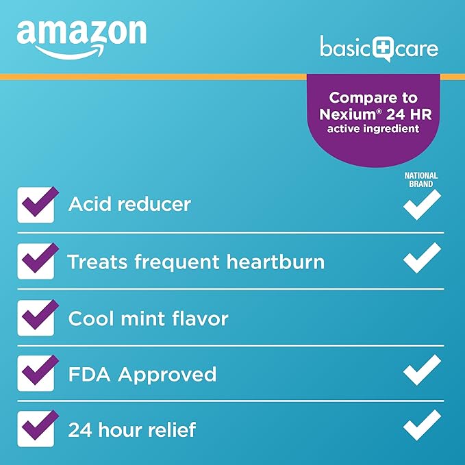 Amazon Basic Care Esomeprazole Magnesium Delayed-Release Capsules 20 mg, Acid Reducer, Cool Mint, 14 Count