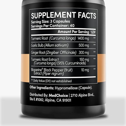 4-in-1 Turmeric and Garlic Supplements with Bioperine 2360 mg Turmeric Ginger Root Capsules with Garlic for Joint, Digestion & Immune Support (120 ct)