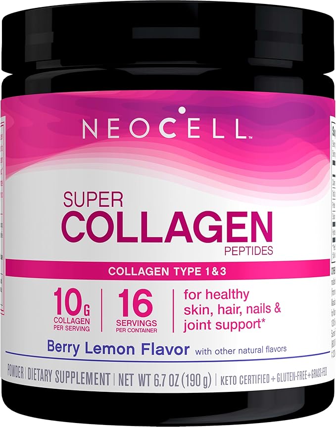 NeoCell Super Collagen Peptides, 10g Collagen Peptides per Serving, Gluten Free, Keto Friendly, Non-GMO, Grass Fed, Healthy Hair, Skin, Nails and Joints, Berry Lemon Powder, 6.7 oz., 1 Canister