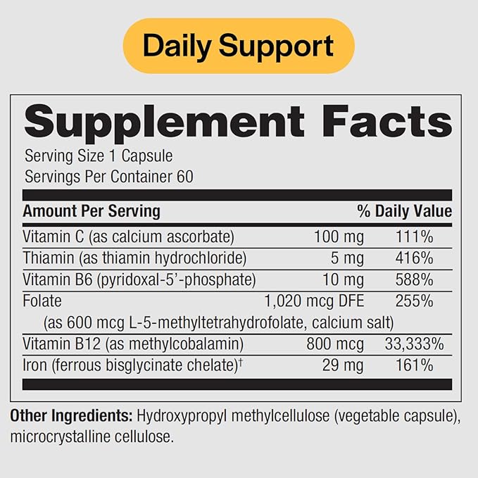Ferrous Iron Complete: 29 mg Iron Supplement Iron with Vitamin C, Vitamin B12, B6, Thiamin and Folate Blood Support Supplement for Men & Women Without GI Side Effects - 60 Capsules