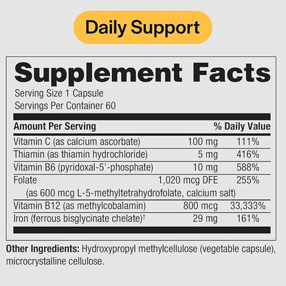 Ferrous Iron Complete: 29 mg Iron Supplement Iron with Vitamin C, Vitamin B12, B6, Thiamin and Folate Blood Support Supplement for Men & Women Without GI Side Effects - 60 Capsules
