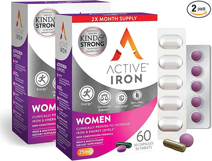 Active Iron Supplement for Women + Complete Multivitamin, 30 Non-Constipating, Gentle on Stomach Capsules + 30 Womens Multivitamin Tablets, Clinically Proven to Increase Iron & Energy Levels (2 Pack)