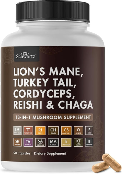 BioSchwartz Mushroom Complex - Organic Lions Mane Supplement Capsule with Reishi, Turkey Tail, Cordyceps, Shiitake, Chaga, Black Pepper for Max Absorption - Supports Energy, Focus, Memory, 90 Count
