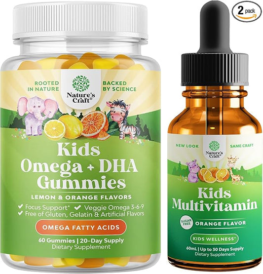 Bundle of Omega 3 Gummies for Kids, Tasty & Delicious and Liquid Multivitamin for Kids Immunity Support - Perfect DHA Omega 3,6,9 Gummies - Liquid Multivitamin Drops with DHA for Kids