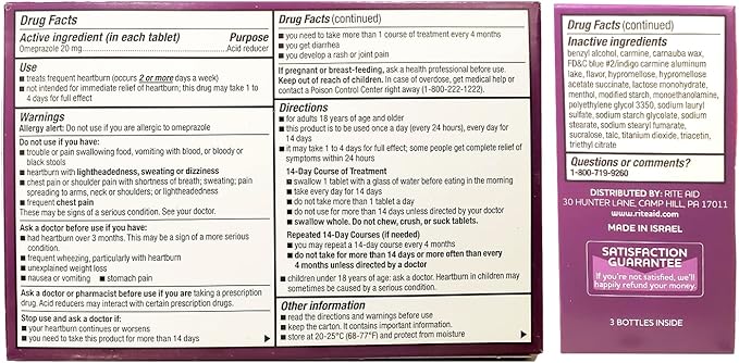Rite Aid Acid Reducer Omeprazole Delayed Release Tablets - 20 mg, 3 Bottles, 14 Count Each (42 Count Total), Unflavored, Heartburn Relief, Heartburn Medicine, Treats Frequent Heartburn