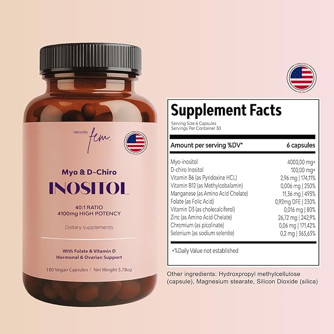 Myo-Inositol & D-Chiro Inositol Supplement for Women 4100mg (40:1 Ratio) – 9-in-1 Hormonal & Metabolic Support with Folate, Vitamin B6, B12, D3, Zinc & Chromium