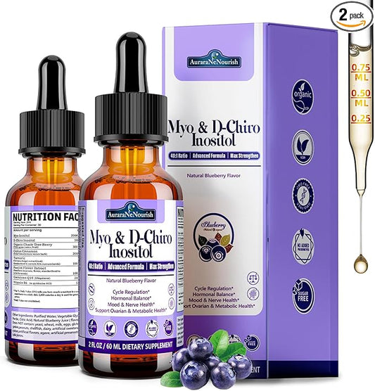 2 Pack Myo-Inositol & D-Chiro Inositol Supplement For Women Drops, Ideal 40:1 Ratio w. Organic Chaste Tree Berry, Ceylon Cinnamon Support Hormonal Balance & Ovarian, Cycle Regulation, Mood, Nerve