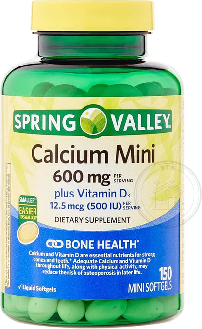 Spring Valley Calcium Plus Vitamin D3 150 Mini Softgels | Calcium Supplement | CaIcium mini softgels | CaIcium 600 mg with Vitamin d3 | 150 Mini Softgels + STS Sticker